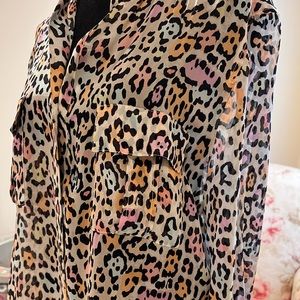 BCBG neon leopard blouse with front pockets. Size L